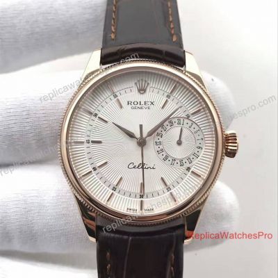 Swiss Copy Rolex Cellini Leather Strap Watch Date Rose Gold White Dial 39mm